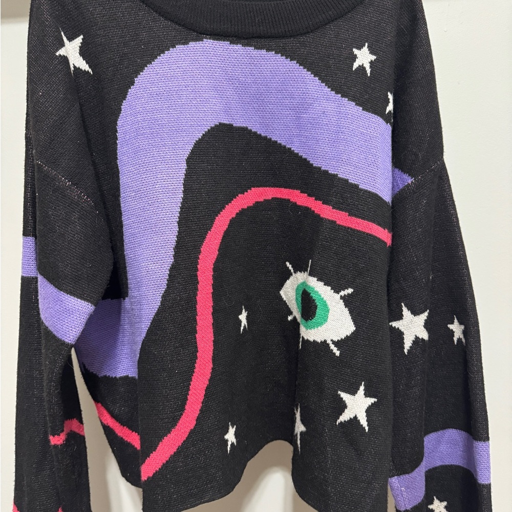 Black Sweater with Purple and Pink Abstract Design
